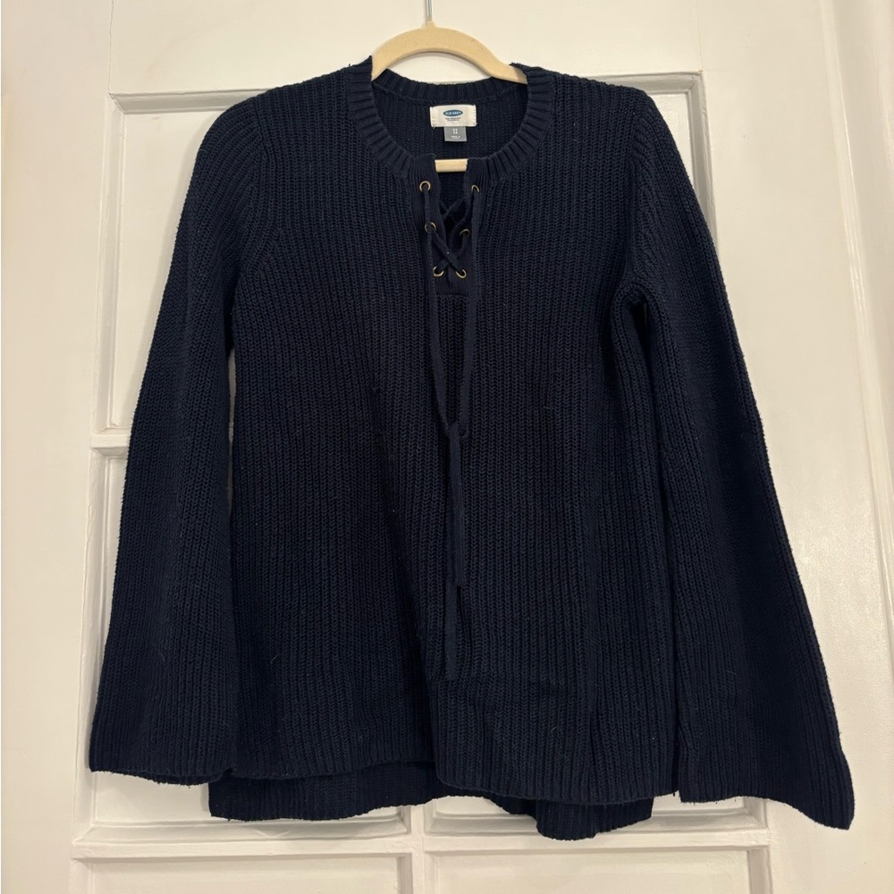 Navy Blue Lace Up Sweater
